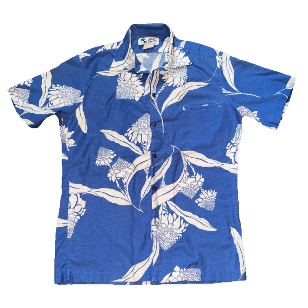 Hilo Hattie Medium Vintage USA Made Hawaiian Aloha Shirt Floral Blue White